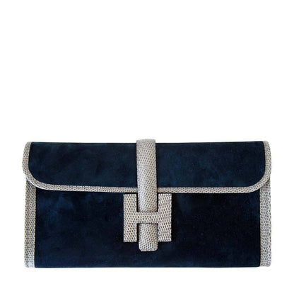 Hermes Jige 29 Blue Ocean Gris Fonce Suede Lizard Clutch