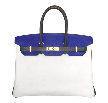 Hermes Birkin 35 HSS Blue Electric White Graphite Epsom Leather Brushed Gold Hardware