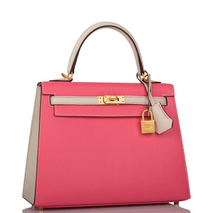 Hermes Kelly 25 Bi-Color Rose Azalee Craie