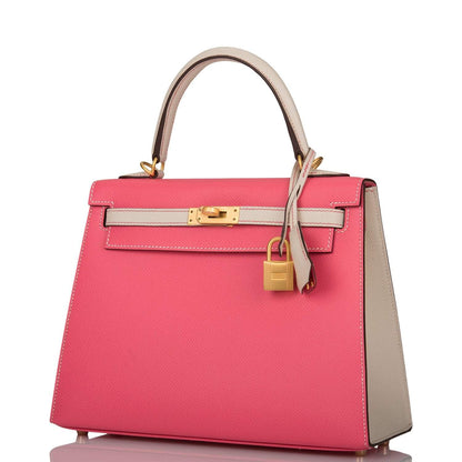 Hermes Kelly 25 Bi-Color Rose Azalee Craie