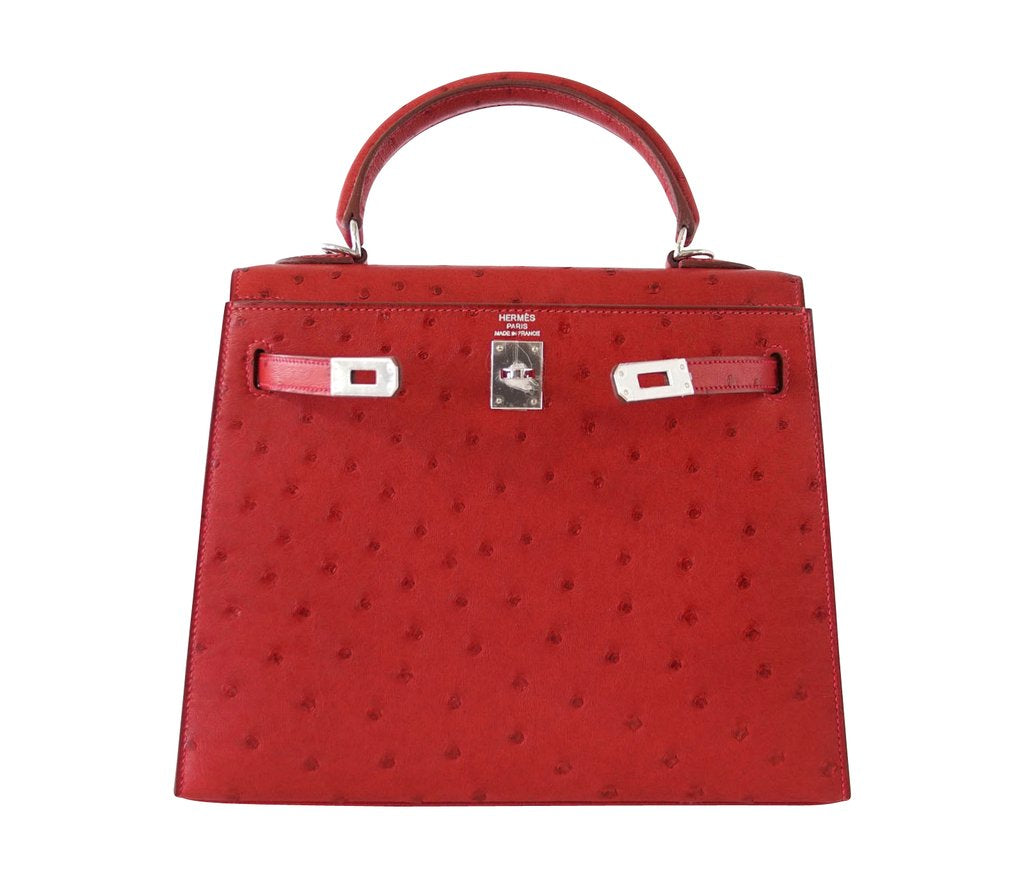 Hermes Kelly Sellier 25 Rouge Vif Ostrich Palladium Hardware