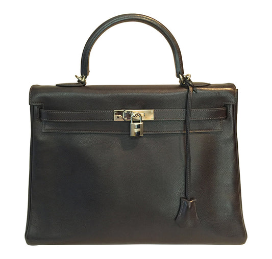 Hermes Kelly 35 Ebene Evergrain Calfskin Palladium Hardware