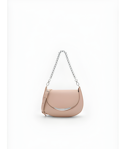Vivi Crescent Shoulder Bag for Women Pink Faux Leather Half-Moon Purse with Zip Closure