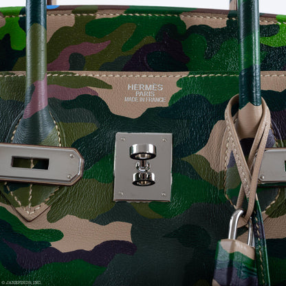 Vintage Hermes Birkin 35 Green Camouflage Swift Palladium