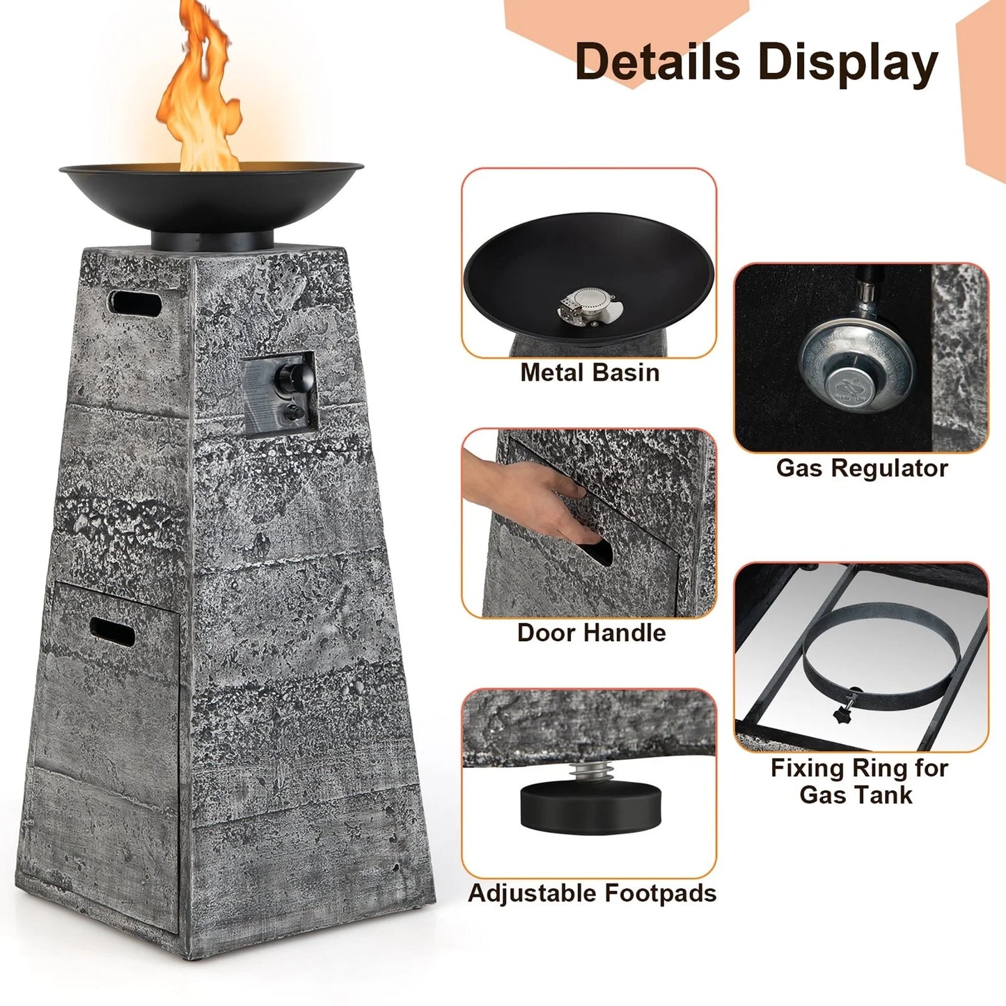 Costway 48 Inch Propane Fire Bowl Column with Lavas Rocks and PVC Covers