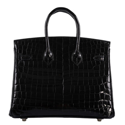 Hermes Birkin 25 Shiny Black Niloticus Crocodile with Palladium Hardware - 2019, D