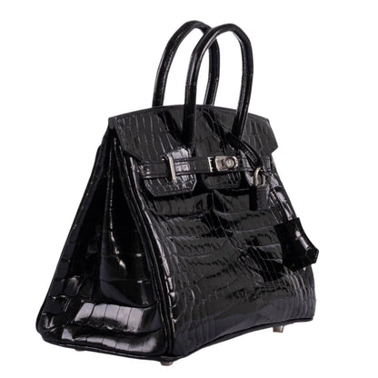 Hermes Birkin 25 Shiny Black Niloticus Crocodile with Palladium Hardware - 2019, D