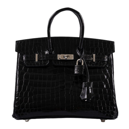 Hermes Birkin 25 Shiny Black Niloticus Crocodile with Palladium Hardware - 2019, D