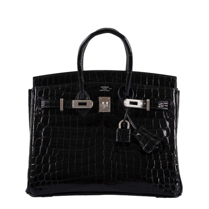 Hermes Birkin 25 Shiny Black Niloticus Crocodile with Palladium Hardware - 2019, D
