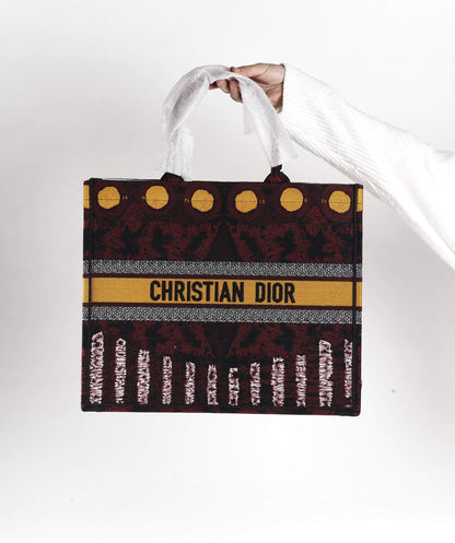 Dior Book Tote Yellow and Burgundy Embroidered Canvas