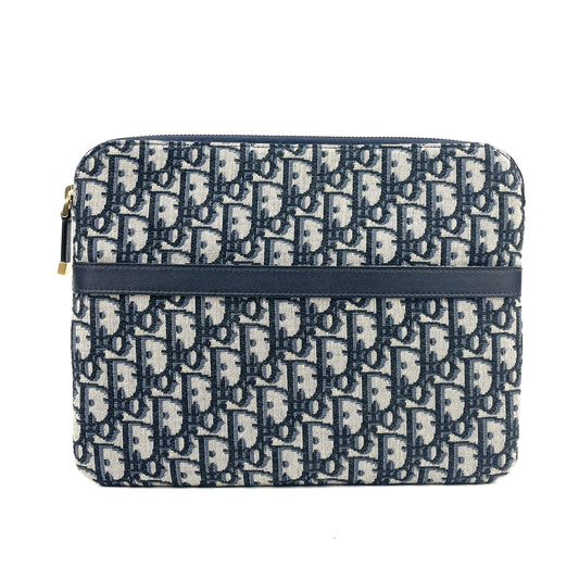 Christian Dior Oblique Travel Pouch Black Canvas Gold Hardware Cosmetic Clutch Bag