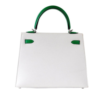 Hermes Kelly Sellier 25 HSS White Bamboo Epsom Leather Palladium Hardware