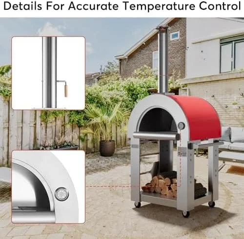 Empava Pizza Oven with Open Shelf and Wheels for Outdoor Kitchen, Wood Fire for Grill &amp; Camping Backyard Party in Stainless Steel, 38.6 Inch, Italian Red