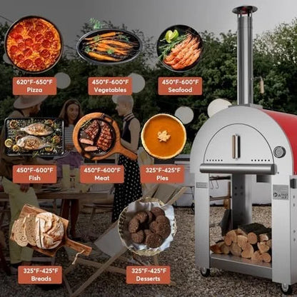 Empava Pizza Oven with Open Shelf and Wheels for Outdoor Kitchen, Wood Fire for Grill &amp; Camping Backyard Party in Stainless Steel, 38.6 Inch, Italian Red