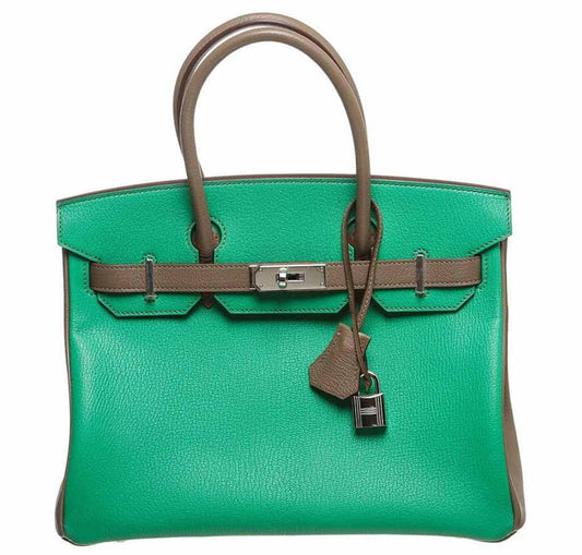 Hermes Birkin 30 Green & Brown Chevre Leather Palladium Hardware