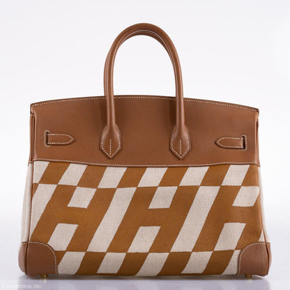 Vintage Hermes Birkin 35 Gold Courchevel with Painted Ulysses Toile Canvas & Gold Hardware - 1998, B Square