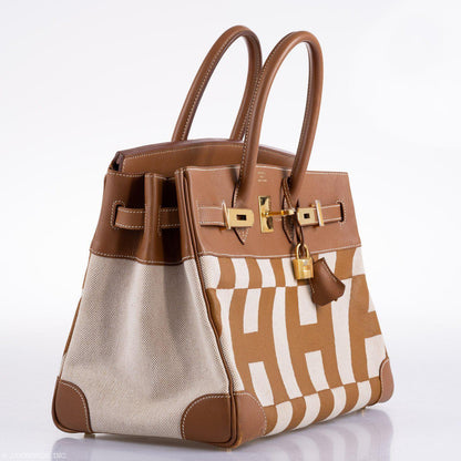 Vintage Hermes Birkin 35 Gold Courchevel with Painted Ulysses Toile Canvas & Gold Hardware - 1998, B Square
