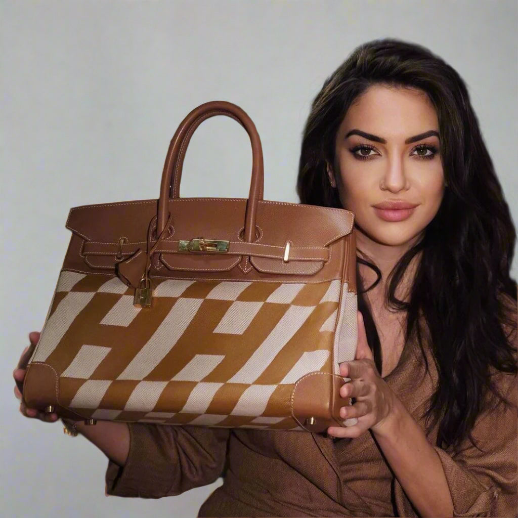 Vintage Hermes Birkin 35 Gold Courchevel with Painted Ulysses Toile Canvas & Gold Hardware - 1998, B Square