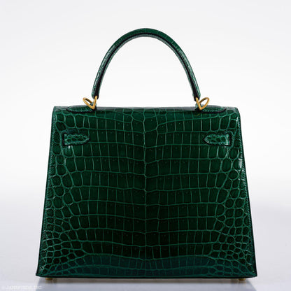 Hermes Kelly 25 HSS Sellier Emerald Nilo Crocodile & Cassis Brushed Gold Hardware - 2018, C