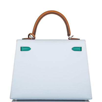 Hermes Kelly Sellier 25 Tri-Color Bleu Brume, Vert Jade and Gold Epsom Palladium Hardware