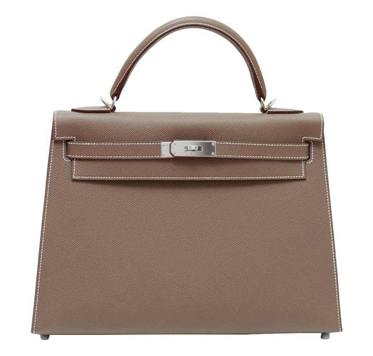 Hermes Kelly Sellier 32 Etoupe Epsom Leather Palladium Hardware