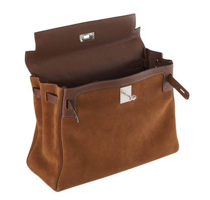 Hermes Kelly Grizzly 32 Fauve Gold Suede Togo Leather Palladium Hardware