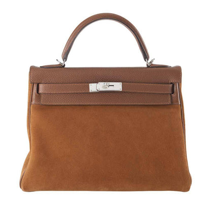 Hermes Kelly Grizzly 32 Fauve Gold Suede Togo Leather Palladium Hardware
