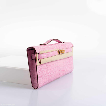 Hermes Kelly Cut Pochette 5P Bubblegum Pink Matte Porosus Crocodile Gold Hardware - 2019, D