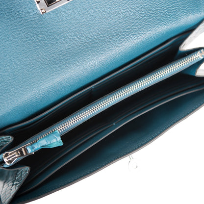 Hermes Kelly Long Wallet Bleu Colvert Alligator Ghillies Palladium Hardware