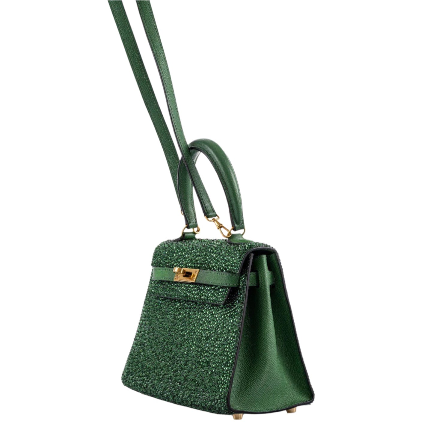 Vintage Hermes Emerald Kelly of Oz with Swarovski Crystals Epsom Gold Hardware