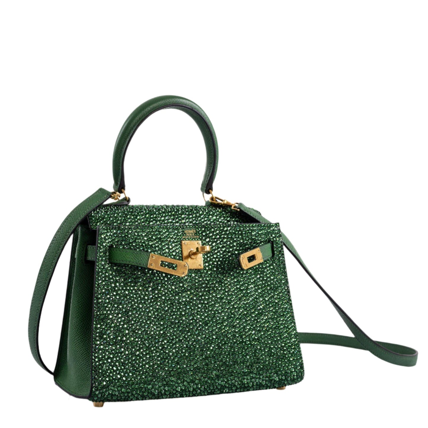 Vintage Hermes Emerald Kelly of Oz with Swarovski Crystals Epsom Gold Hardware