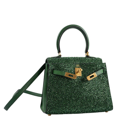 Vintage Hermes Emerald Kelly of Oz with Swarovski Crystals Epsom Gold Hardware
