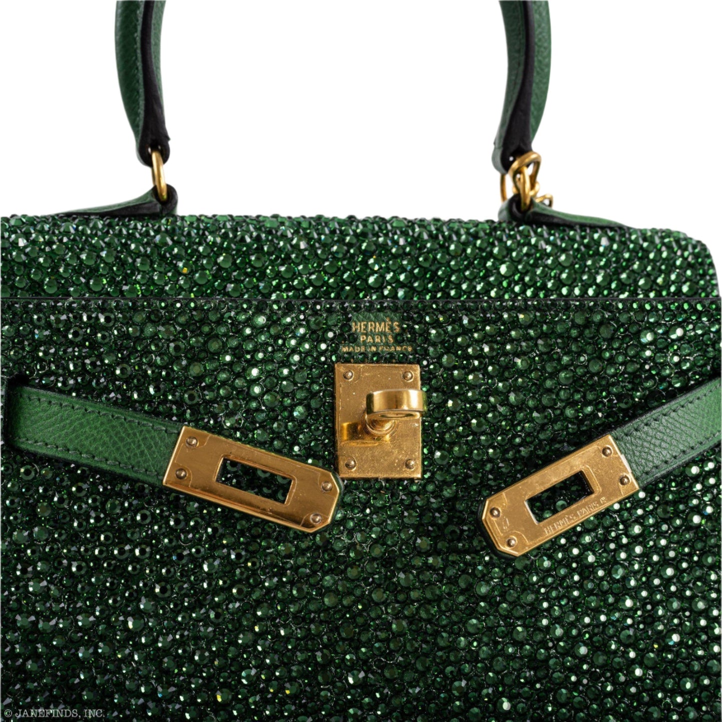 Vintage Hermes Emerald Kelly of Oz with Swarovski Crystals Epsom Gold Hardware