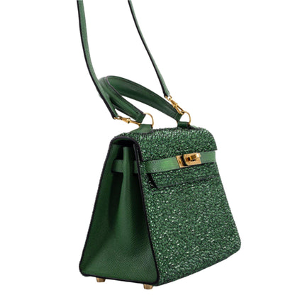 Vintage Hermes Emerald Kelly of Oz with Swarovski Crystals Epsom Gold Hardware
