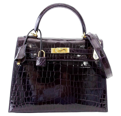 Hermes Kelly Sellier 25 Prunoir Crocodile Gold Hardware