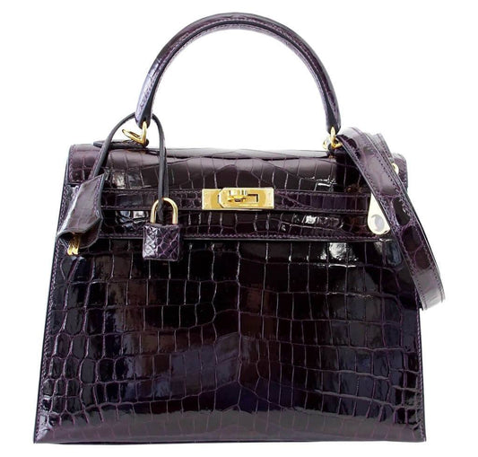 Hermes Kelly Sellier 25 Prunoir Crocodile Gold Hardware