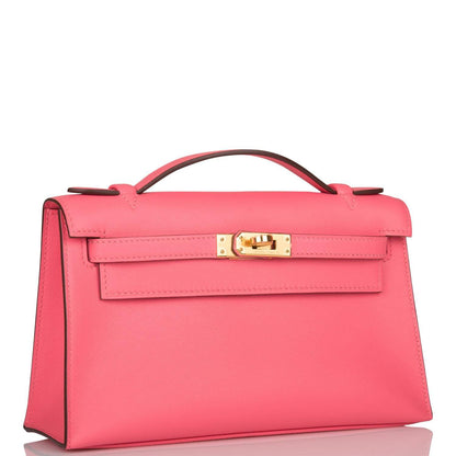 Hermes Rose Azalee Swift Mini Kelly Pochette Gold Hardware