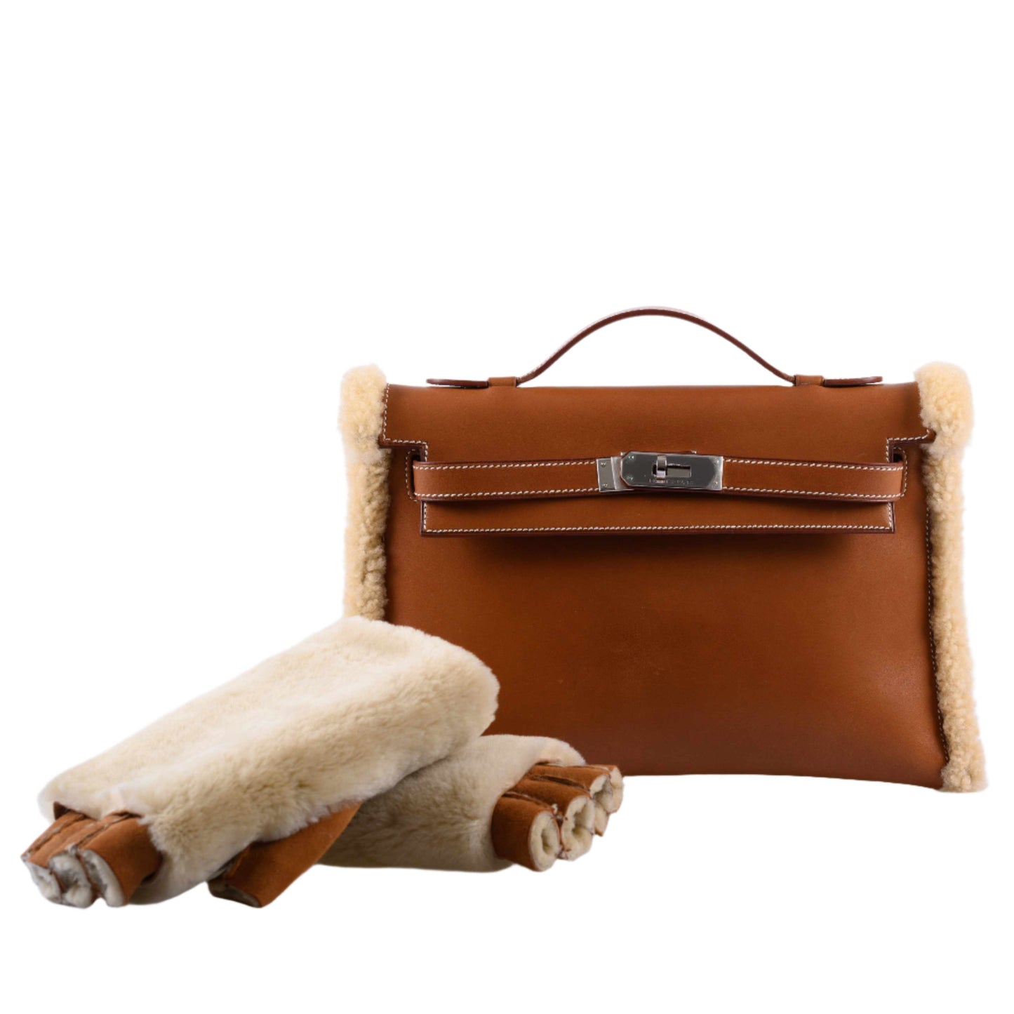 Hermes Teddy Kelly Clutch Barenia Leather & Mouton Shearling Palladium Hardware - 2007, K Square