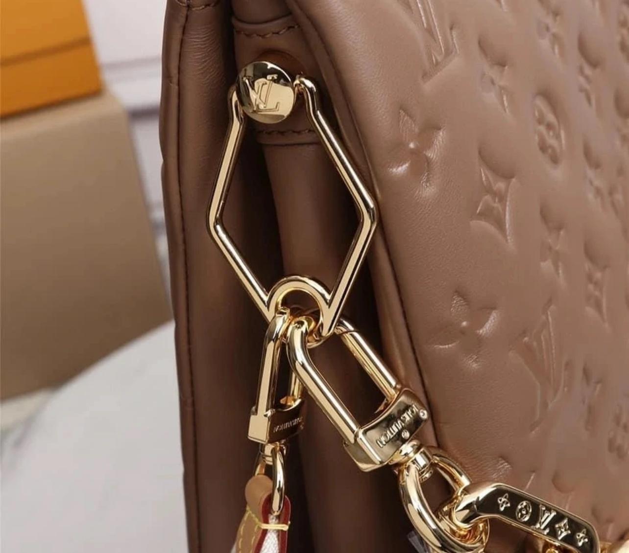 LOUIS VUITTON Lambskin Embossed Monogram Coussin PM Camel