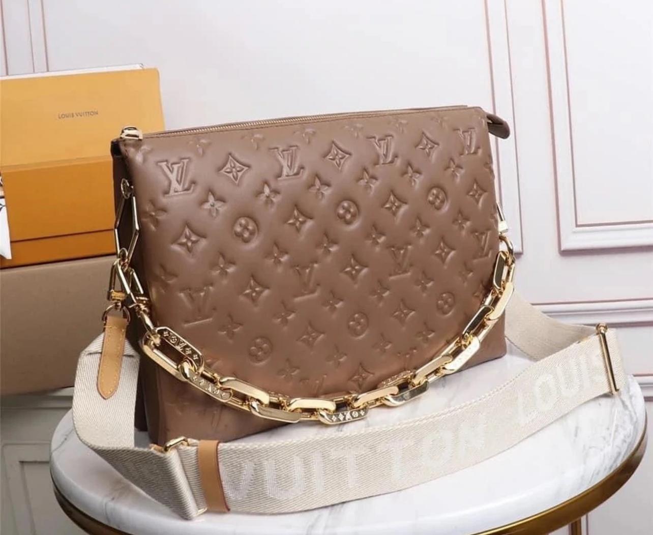 LOUIS VUITTON Lambskin Embossed Monogram Coussin PM Camel