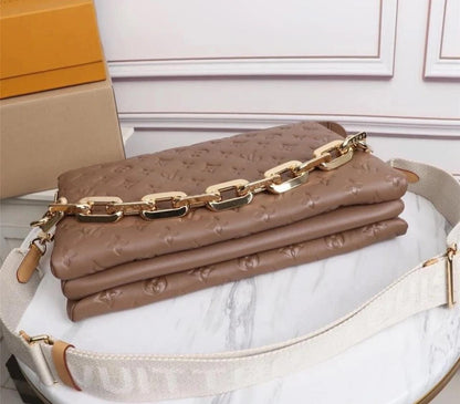 LOUIS VUITTON Lambskin Embossed Monogram Coussin PM Camel