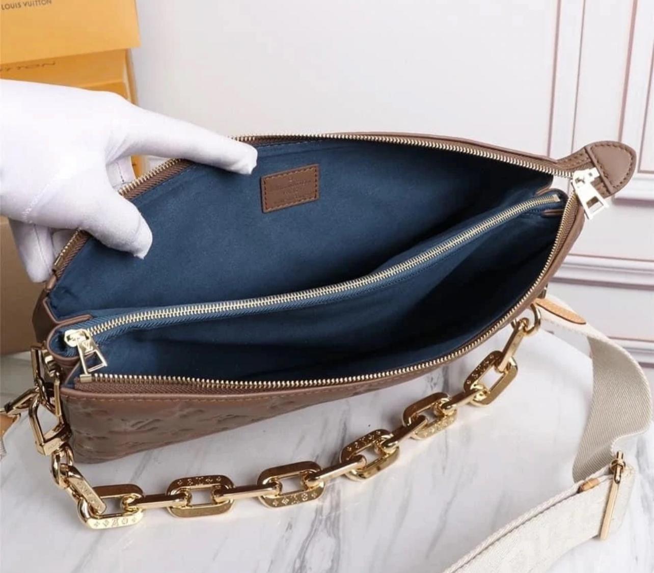 LOUIS VUITTON Lambskin Embossed Monogram Coussin PM Camel