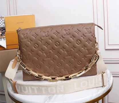 LOUIS VUITTON Lambskin Embossed Monogram Coussin PM Camel