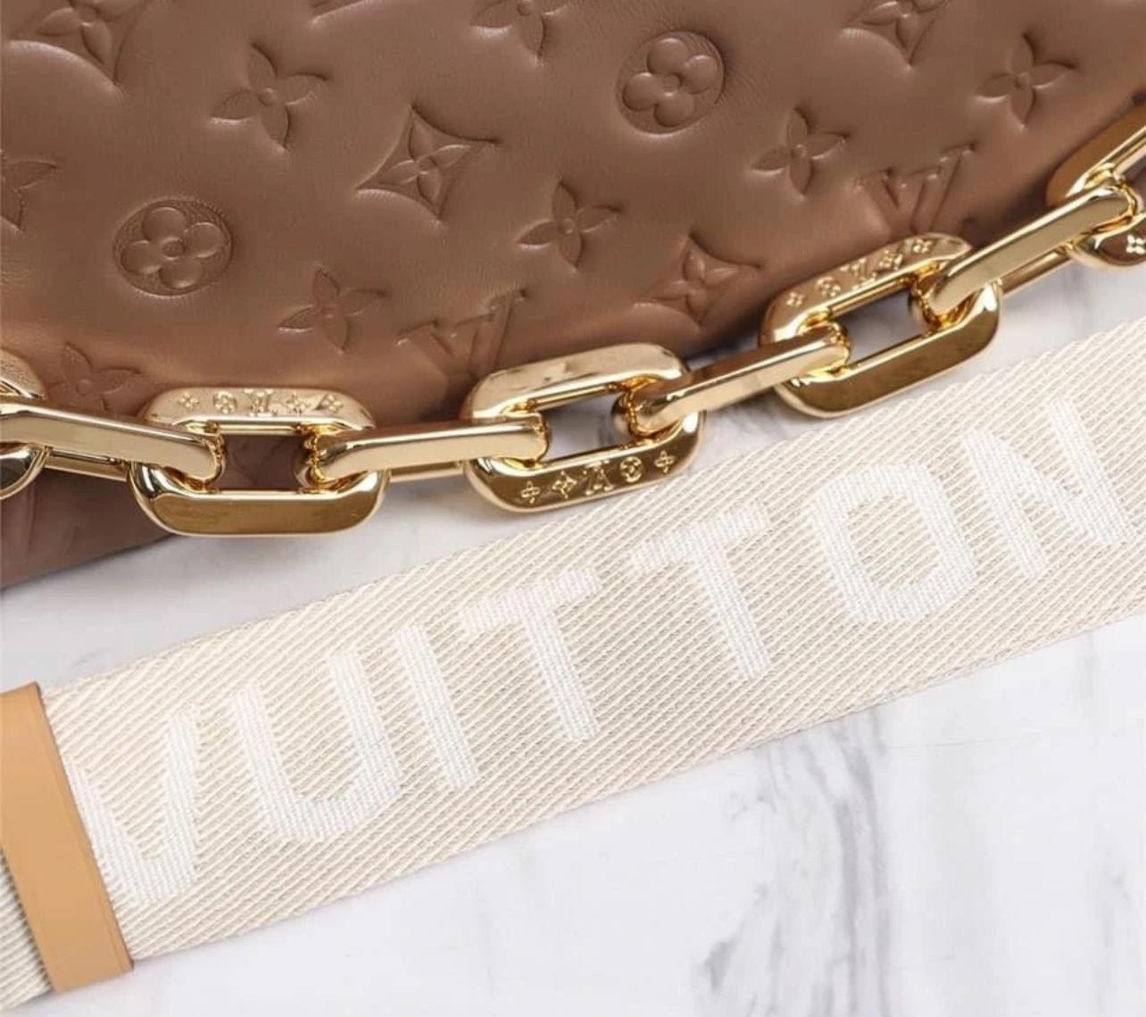 LOUIS VUITTON Lambskin Embossed Monogram Coussin PM Camel
