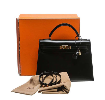 Hermes Kelly 32 Black Box Leather Gold Hardware