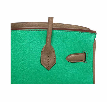 Hermes Birkin 30 Green & Brown Chevre Leather Palladium Hardware