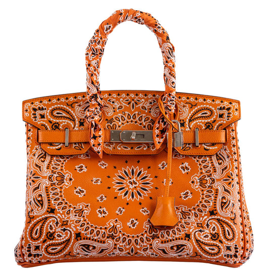 Jay Ahr Vintage 2013 Hermes Birkin 30 Orange Epsom Bandana Embroidery
