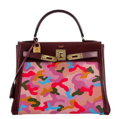 Vintage Hermes Kelly 28 Retourne Rouge H Calf Box & Toile Camouflage Painting