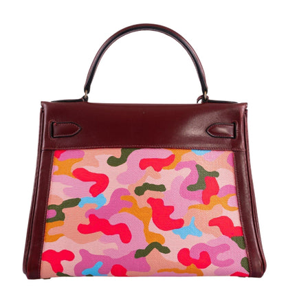 Vintage Hermes Kelly 28 Retourne Rouge H Calf Box & Toile Camouflage Painting