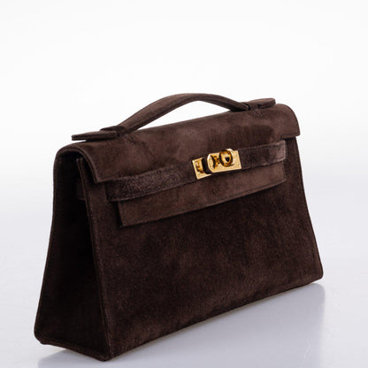 Hermes Kelly Pochette Chocolate Veau Doblis Suede Gold Hardware - 2014, R Square